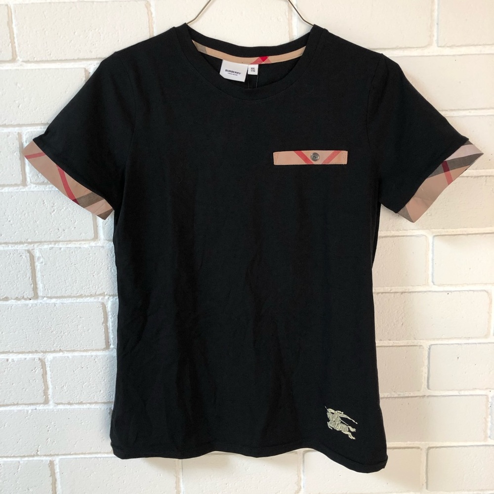 NEW Burberry Black Haymarket Check Branded Logo Scoop Neck Tee Plus Size XXL XL
